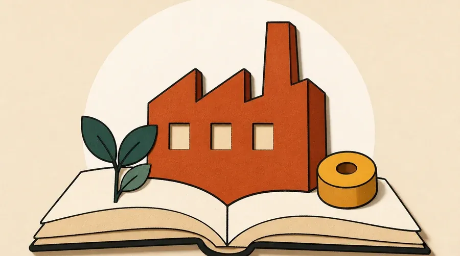 Livre crème, bloc terre cuite, pousse vert forêt et perle ocre.