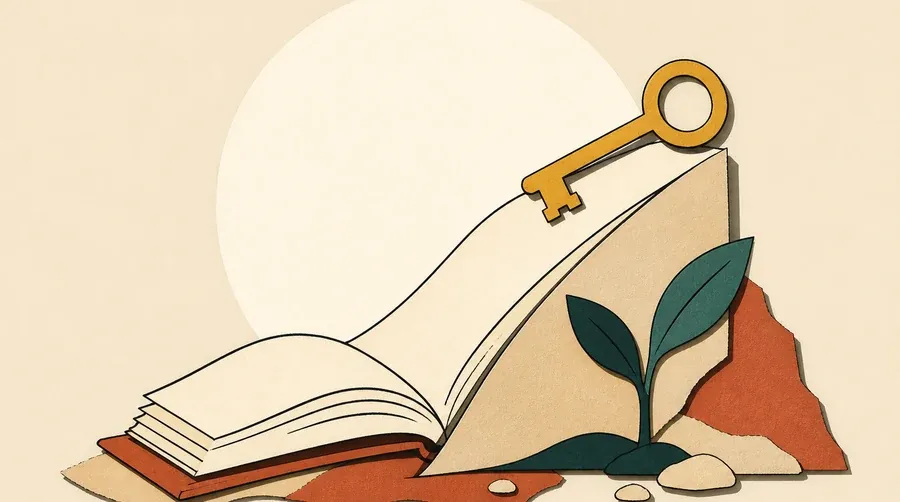 Un livre crème forme une rampe vers une clé ocre et une pousse verte.