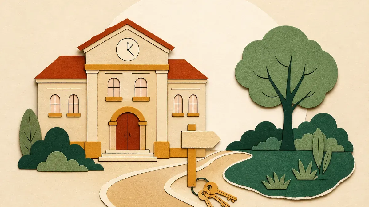 Illustration en papier découpé : mairie reliée par un chemin à un îlot naturel, avec panneau et trousseau de clés.