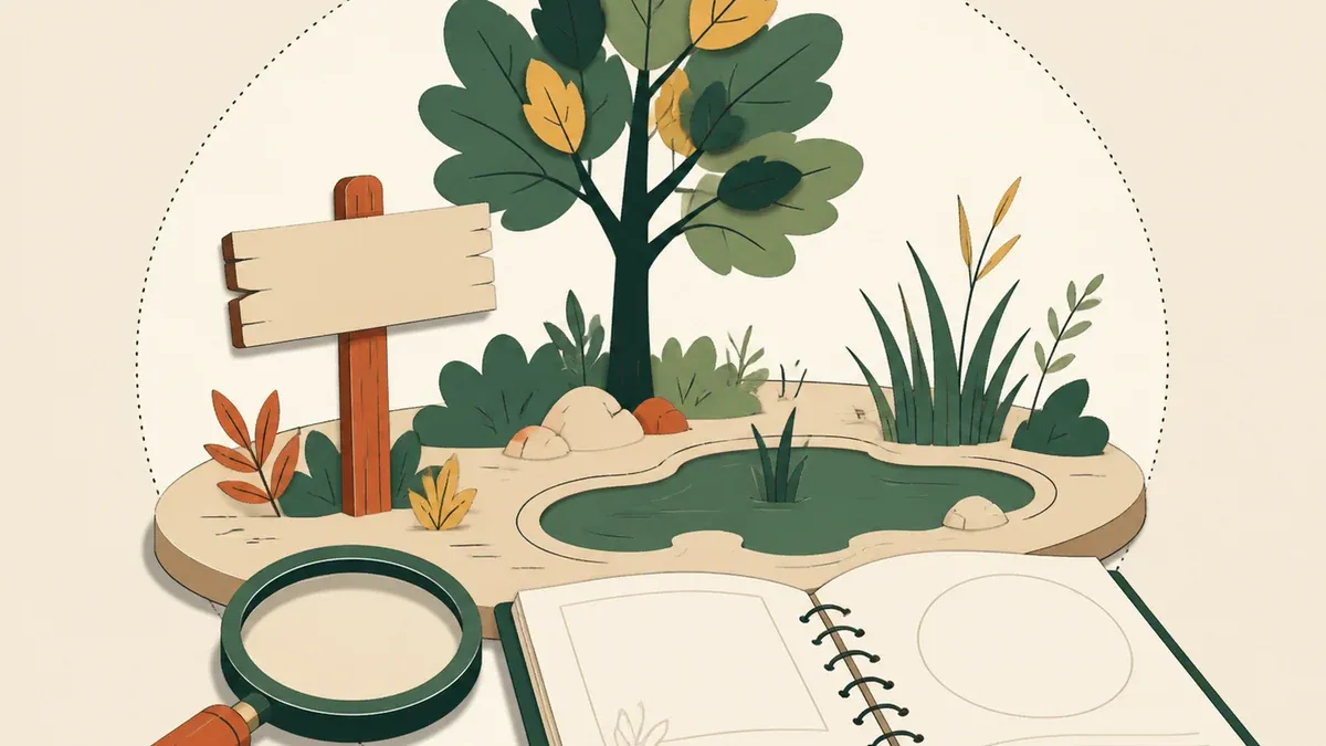 Illustration en papier découpé : des élèves observent un petit territoire naturel avec un adulte référent, symbole d'une aire éducative.