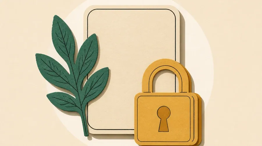 Une tuile encre sombre, une feuille vert sauge et un cadenas ocre.