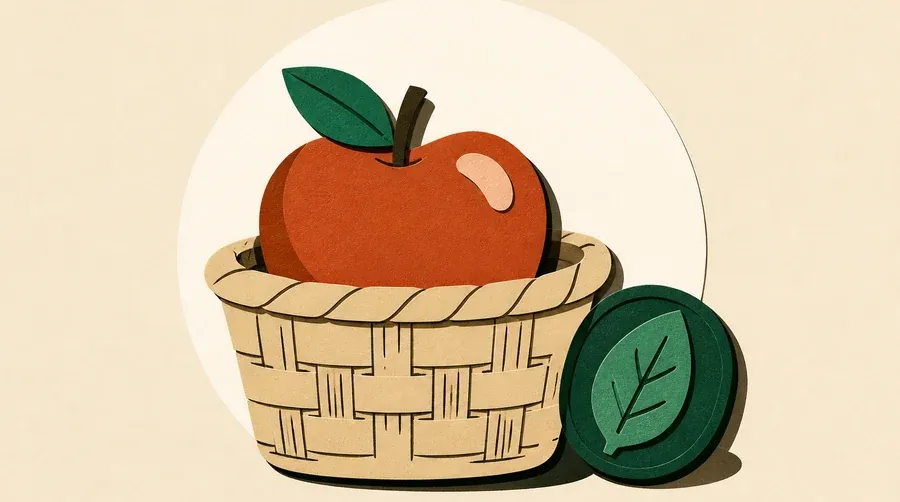 Panier sable, pomme terre cuite et jeton feuille vert forêt