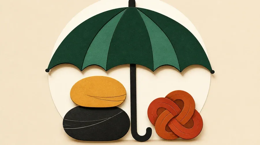 Un parapluie vert forêt protège deux pierres sable et ocre près d’un nœud.
