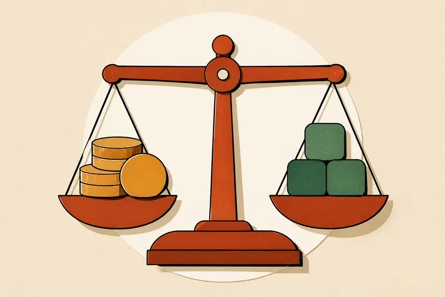 Une balance terre cuite pèse des pièces ocre et des tuiles vert sauge.