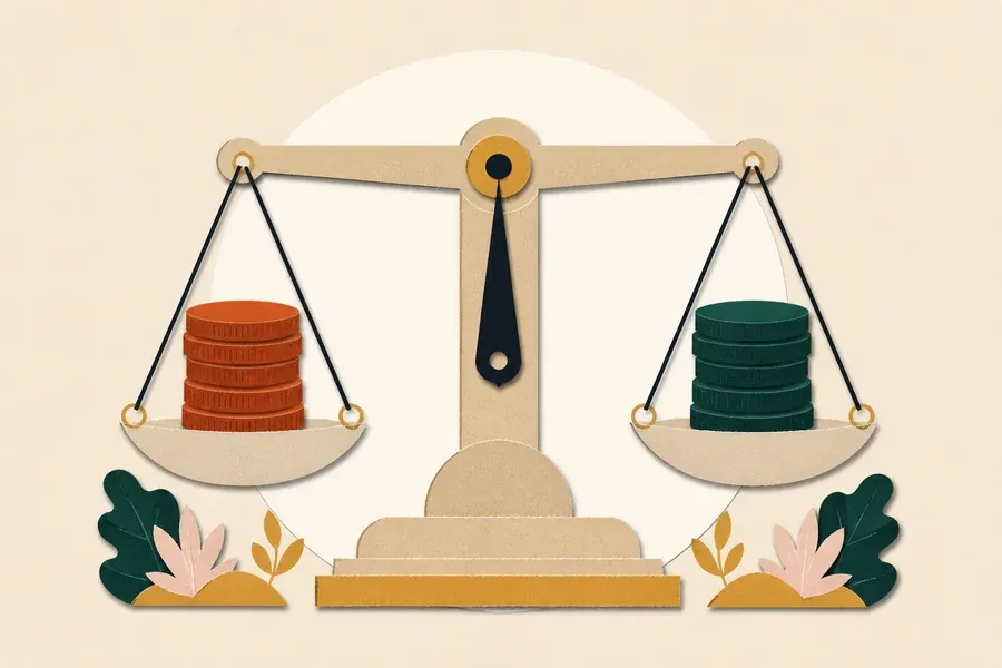 Une balance sable compare deux piles de jetons terre cuite et vert forêt.