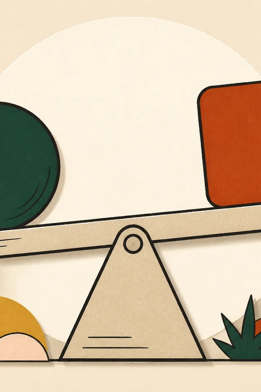 Une balance sable porte deux formes arrondies vert forêt et terre cuite.