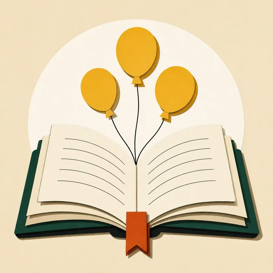Livre ouvert crème, trois ballons jaunes, couverture vert forêt, marque-page terre cuite