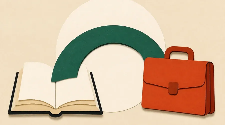 Un pont vert sauge relie un livre crème à une mallette terre cuite.