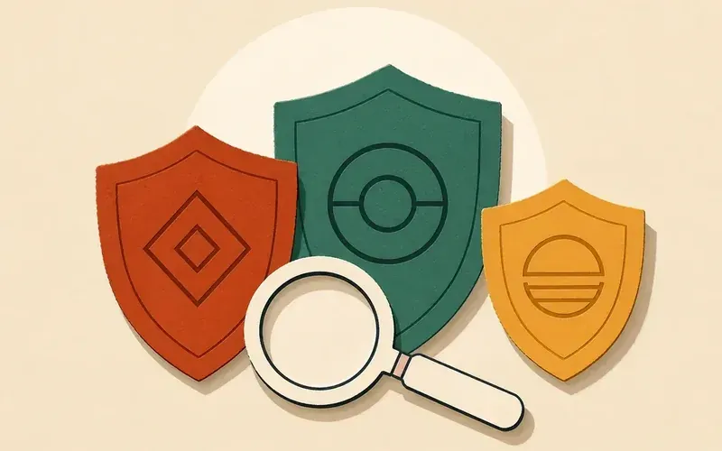 Trois boucliers colorés et une loupe sont posés sur un fond clair