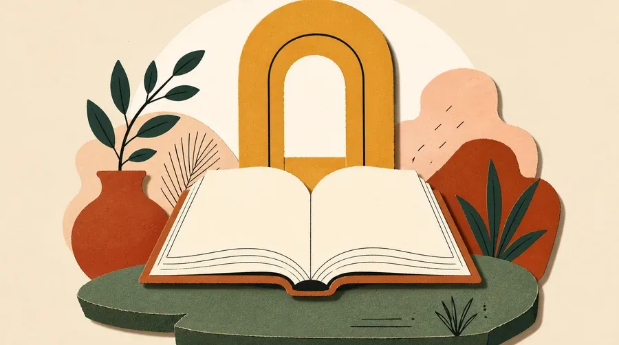 Livre crème, porte ocre et pierre vert sauge alignés au centre