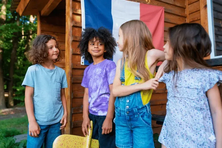 Enfants discutant devant une cabane en bois avec drapeau français accroché