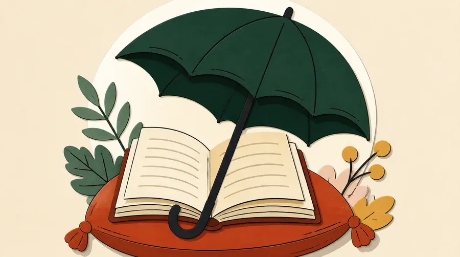 Un parapluie vert forêt protège un livre crème et un coussin terre cuite.