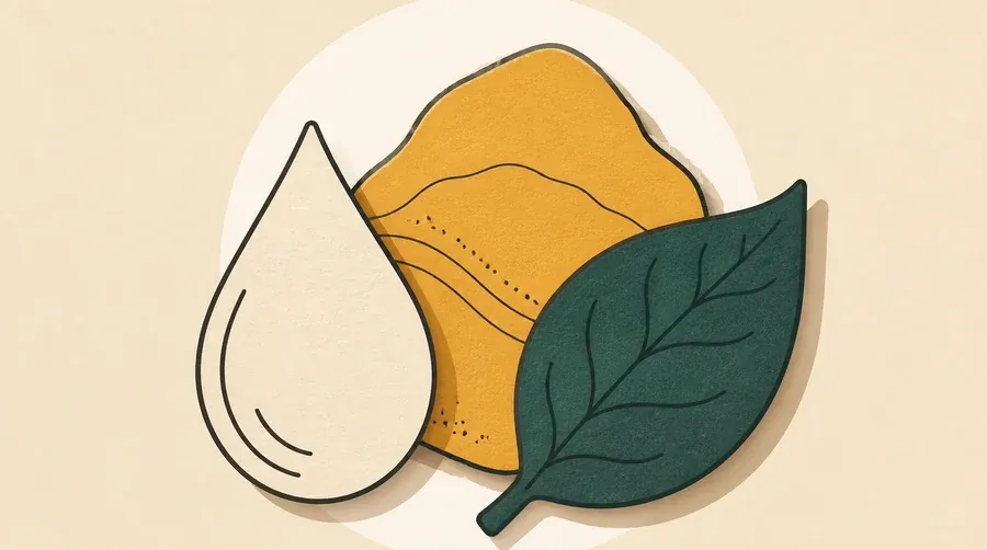 Goutte crème, pierre ocre et feuille vert forêt groupées au centre.