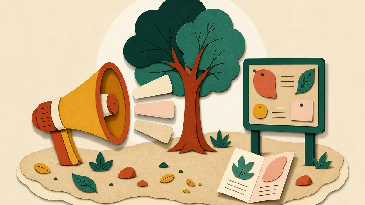Illustration en papier découpé : îlot avec jeune arbre, mégaphone, ondes, panneau d'affichage et dépliant plié.