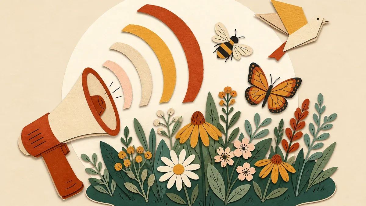 Illustration en papier découpé : prairie fleurie avec abeille, papillon, oiseau et mégaphone diffusant des ondes.