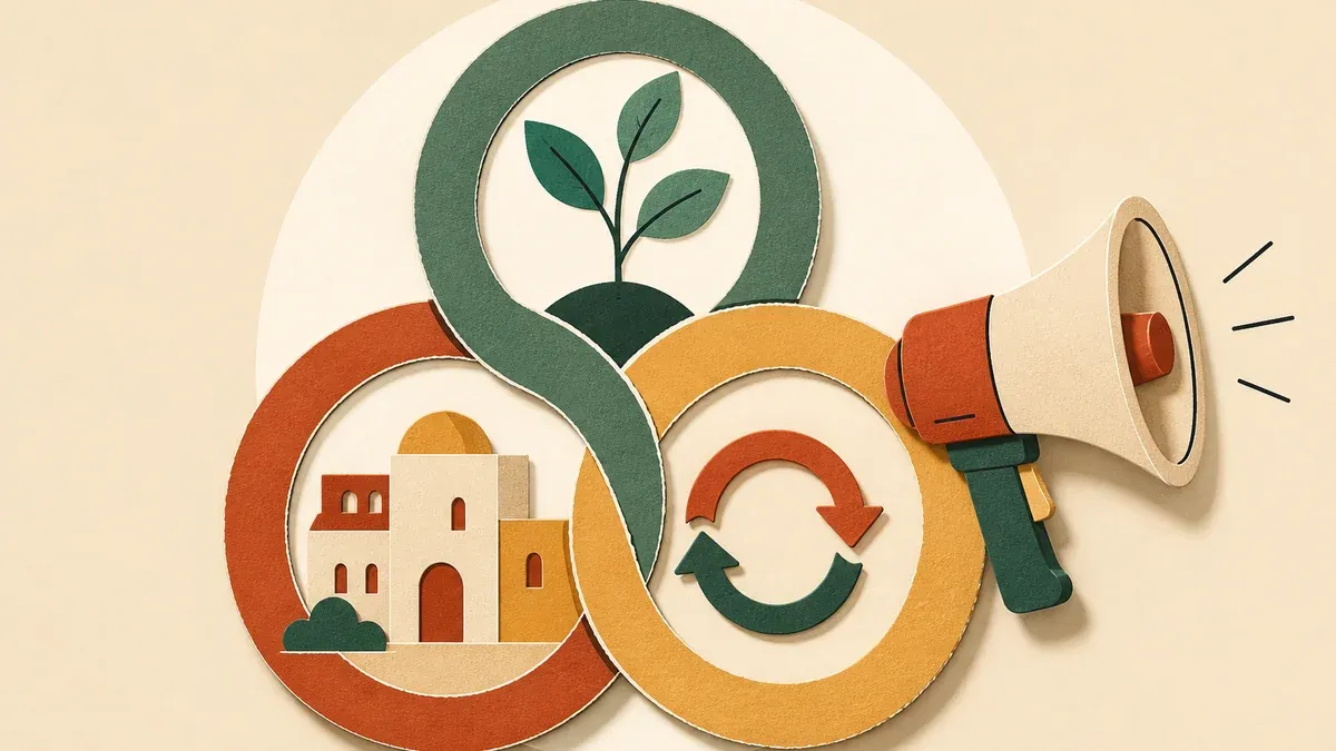 Illustration en papier découpé : trois anneaux entrelacés avec plante, bâtiment et flèches, plus un mégaphone posé.