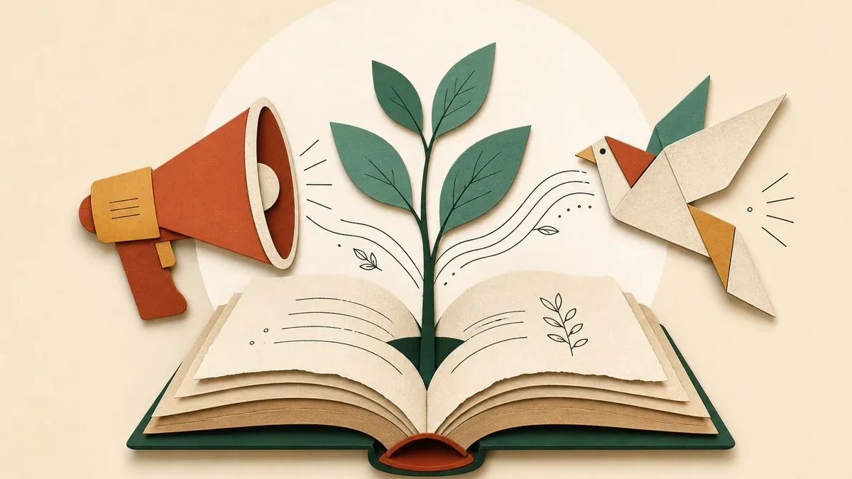 Illustration en papier découpé : livre ouvert avec jeune plante, mégaphone, oiseau en papier et ondes gravées.