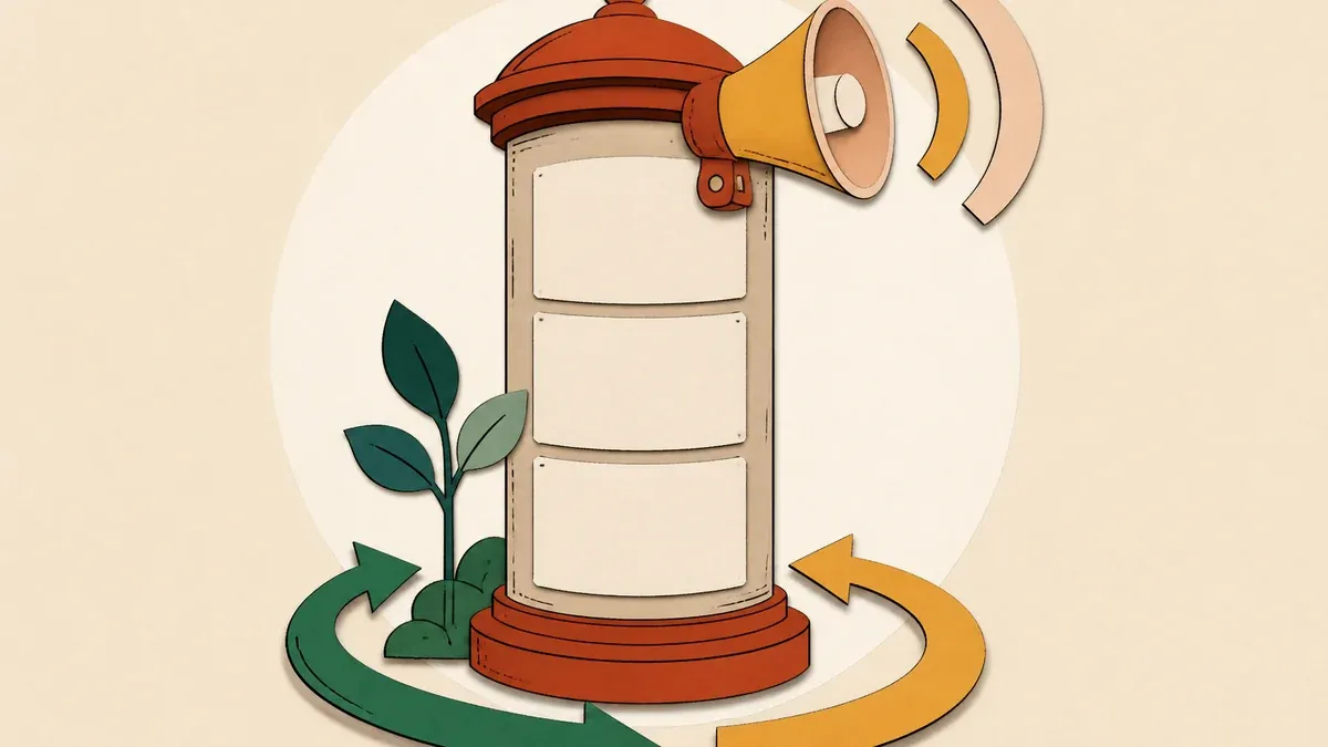 Illustration en papier découpé : colonne d'affichage avec panneaux vides, mégaphone, jeune plante et flèches courbes.
