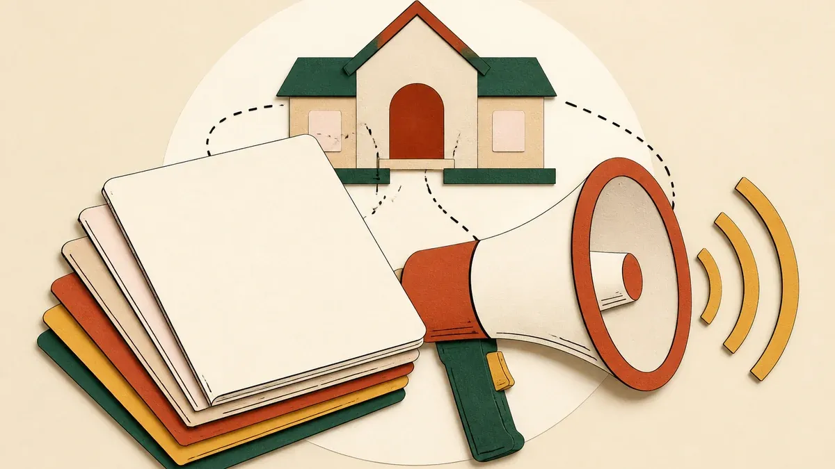 Illustration en papier découpé : pile de livrets, grand mégaphone, petite école et ligne pointillée entre les éléments.