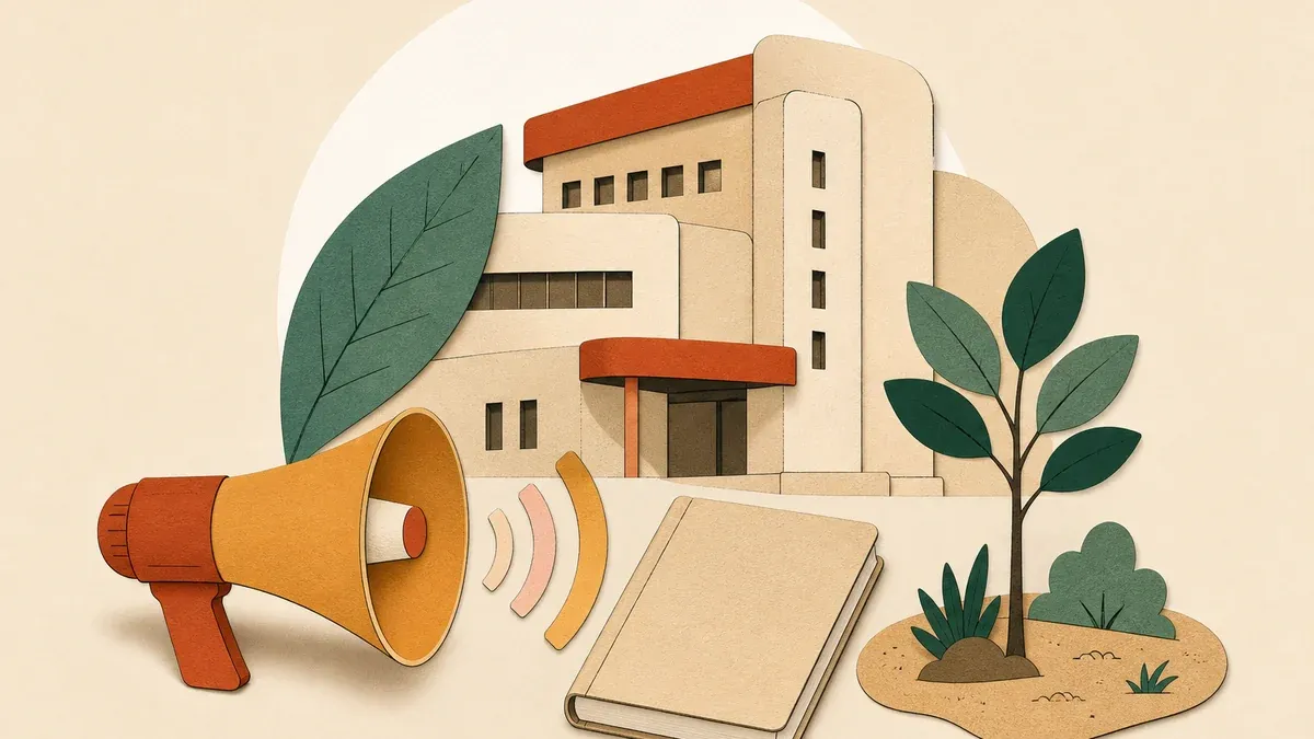 Illustration en papier découpé : immeuble avec grande feuille, mégaphone, livret fermé et petit îlot avec jeune arbre.
