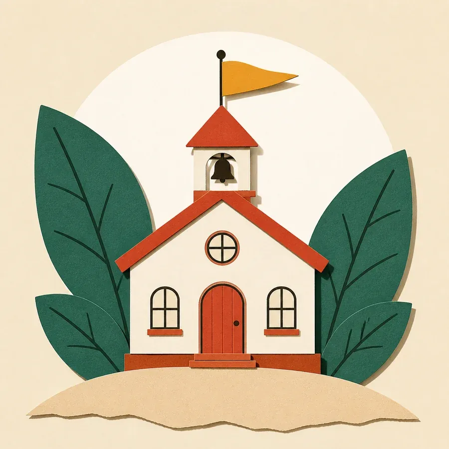 École crème au toit terre cuite, clocher et grandes feuilles vert forêt