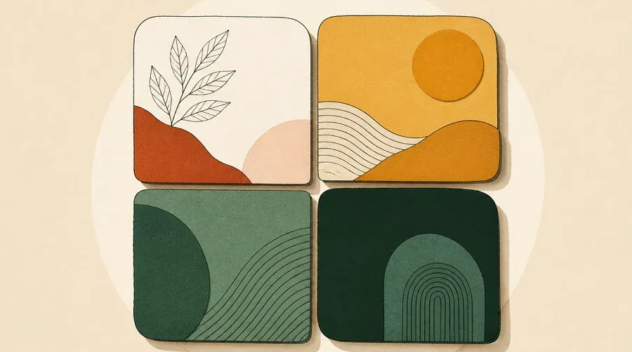 Quatre blocs arrondis crème, ocre, vert sauge et vert forêt alignés.