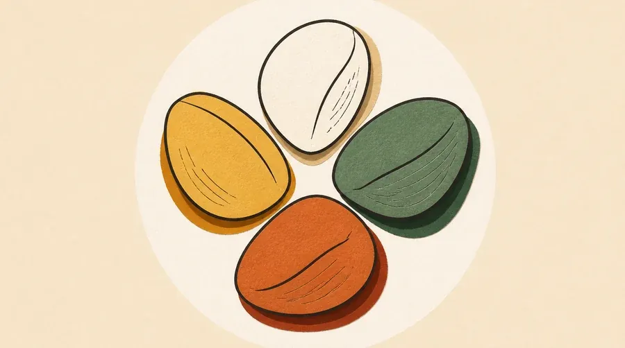 Quatre graines crème, ocre, sauge et terre cuite sont regroupées.