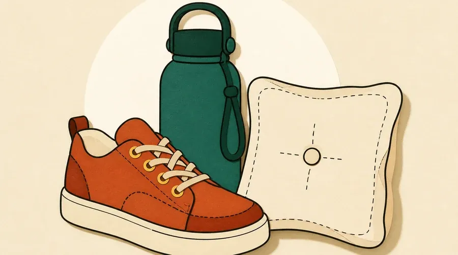Une chaussure terre cuite, une gourde sauge et un coussin crème.