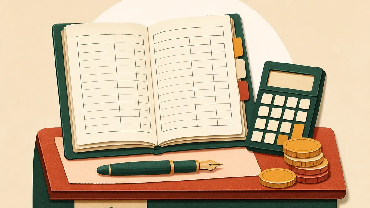 Grand livre comptable en papier découpé avec calculatrice, pièces et porte-plume, collage éditorial