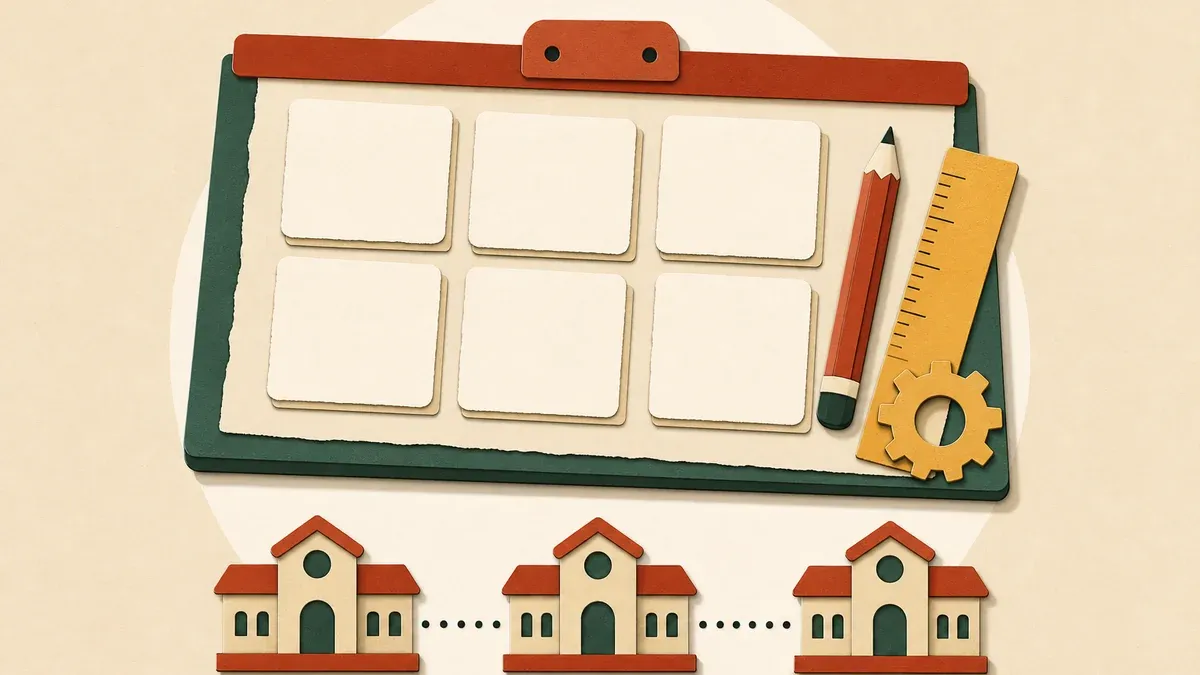 Illustration en papier découpé : planche à dessin avec cartes vierges, crayon, règle, roue dentée et trois écoles.