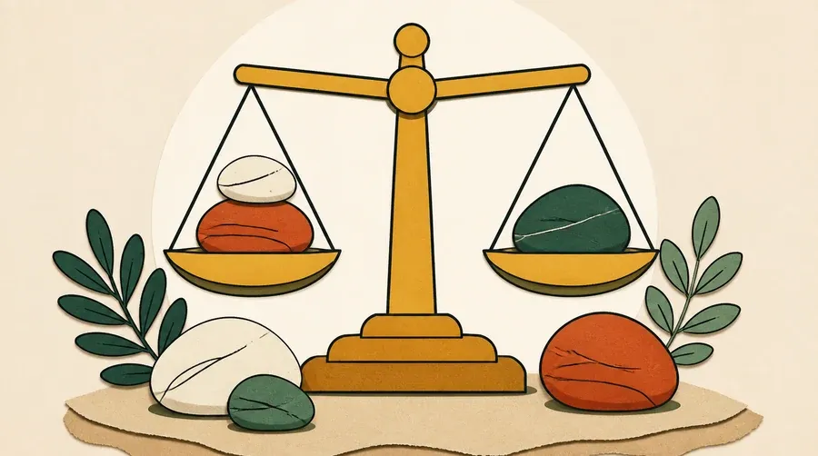Une balance ocre porte trois pierres crème, sauge et terre cuite.