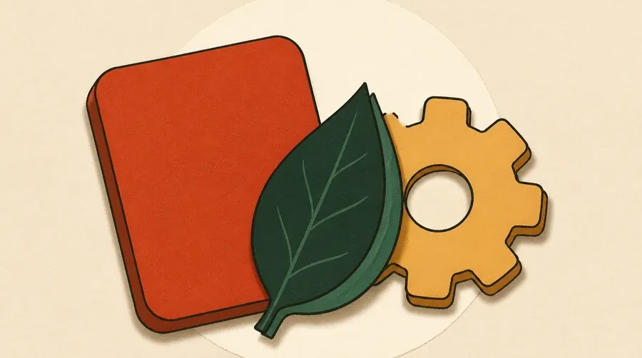 Tablette terre cuite, feuille vert forêt et engrenage sable.