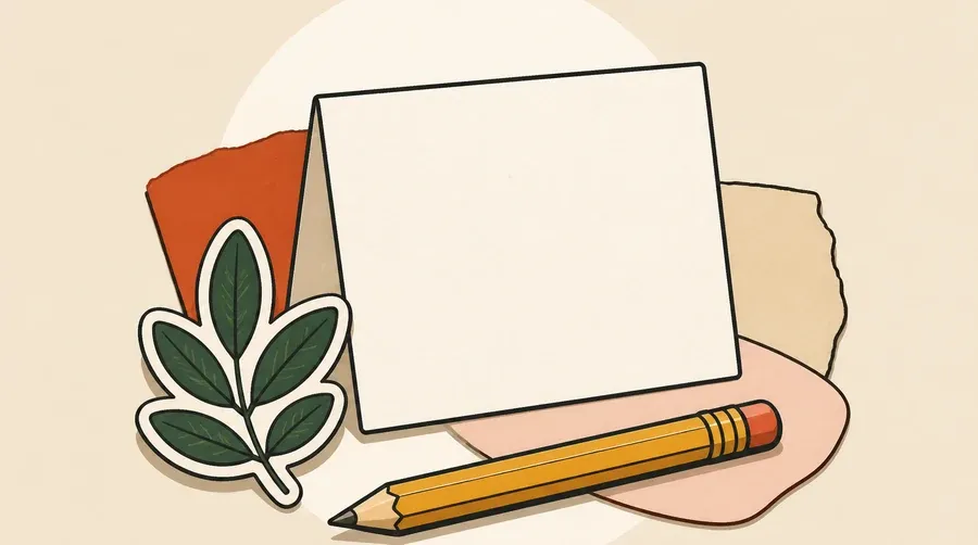 Carte crème sans texte, crayon ocre et autocollant feuille vert forêt