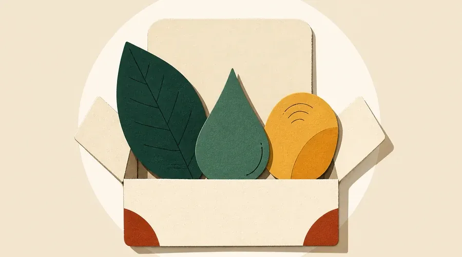 Une boîte crème contient une feuille vert forêt, une goutte sauge et un galet ocre.