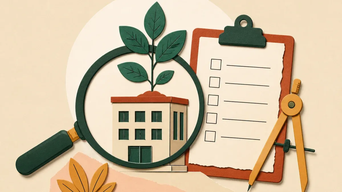 Loupe en papier découpé examinant un immeuble d’où pousse une plante, presse-papiers et compas, collage éditorial