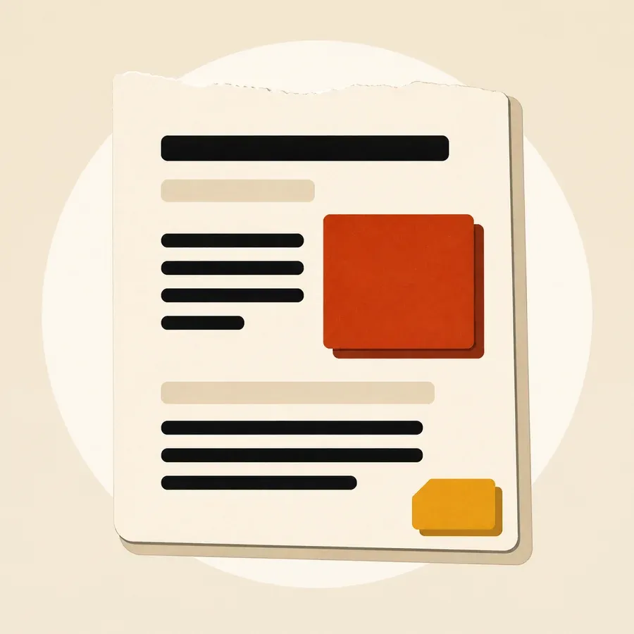 Page crème déchirée avec lignes noires, blocs ocre et terre cuite