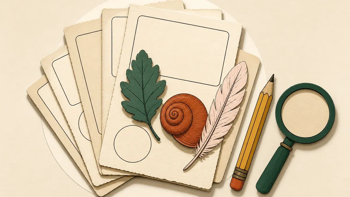 Illustration en papier découpé : feuilles en éventail avec cadres vides, feuille, coquille, plume, crayon et loupe.