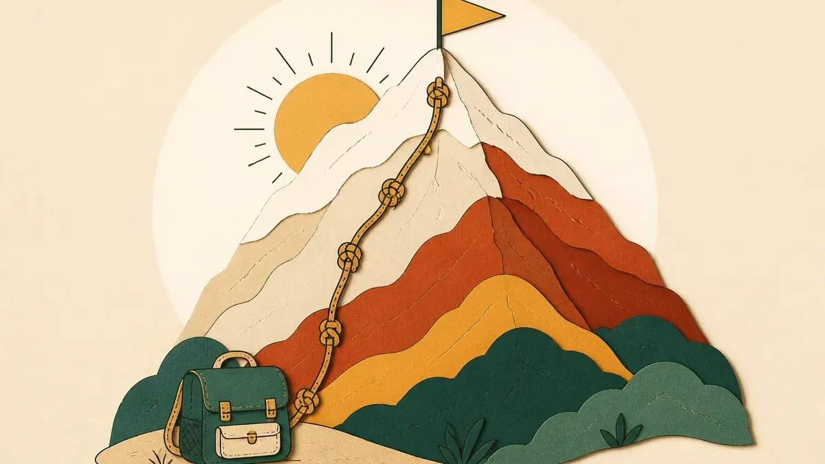 Montagne en papier découpé gravie par une corde à nœuds reliant un petit cartable à un fanion planté au sommet, collage éditorial aux tons terracotta et vert