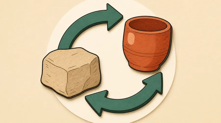 Un bloc sable, une tasse terre cuite et une flèche vert sauge forment un cycle.