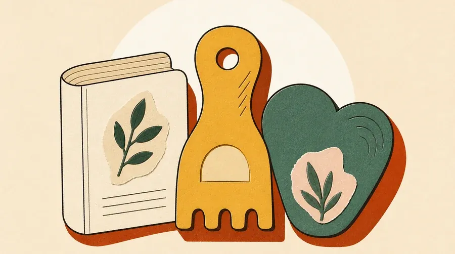 Livre crème, outil ocre et galet cœur vert sauge groupés