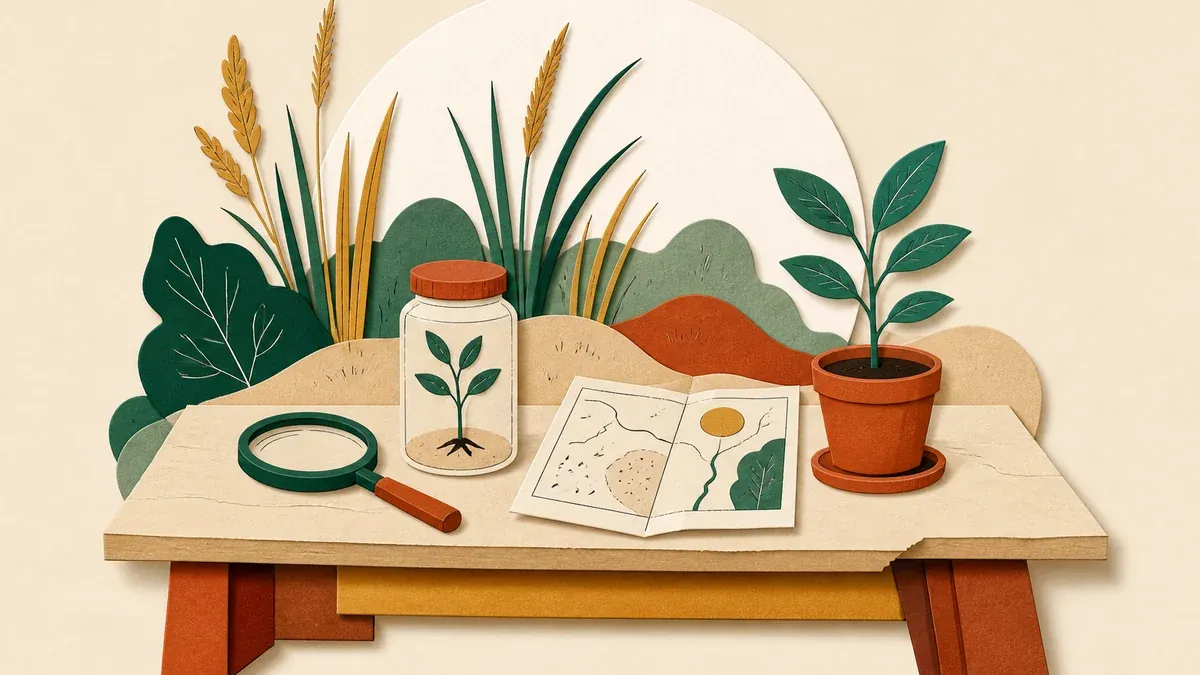 Illustration en papier découpé : établi de terrain avec loupe, bocal, graphique plié, plante en pot et herbes hautes.