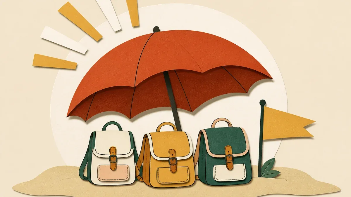 Grand parapluie en papier découpé abritant trois petits cartables alignés, collage éditorial aux tons terracotta et vert forêt