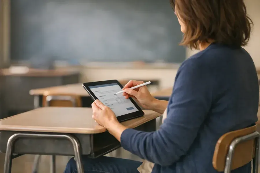 Enseignante consultant une ressource pédagogique sur une tablette dans sa salle de classe