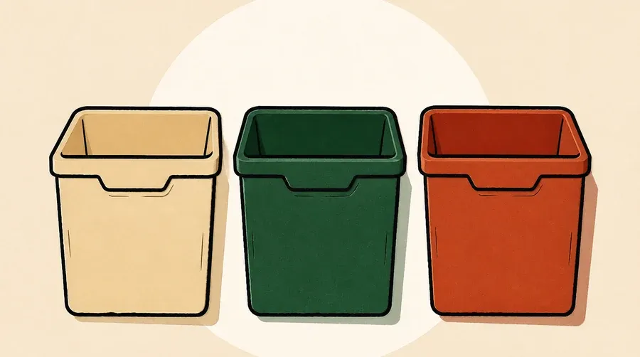 Trois bacs unis sable, vert forêt et terre cuite sont alignés.