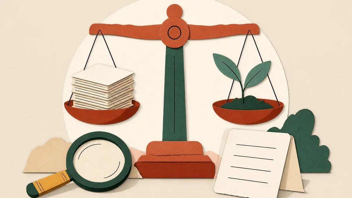 Illustration en papier découpé : balance avec livrets et jeune plante, loupe et carte de contrôle aux lignes vides.