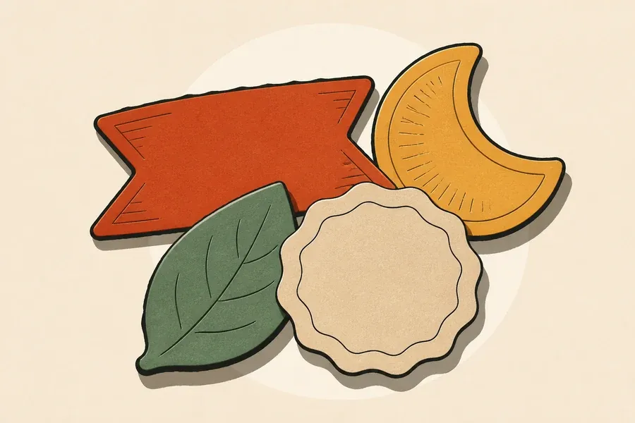 Quatre jetons colorés superposent ruban terre cuite, feuille et badge.