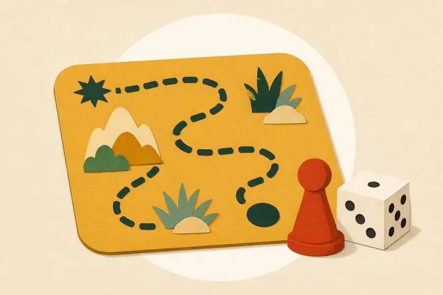 Un plateau ocre montre un chemin vert forêt, un pion et un dé crème.
