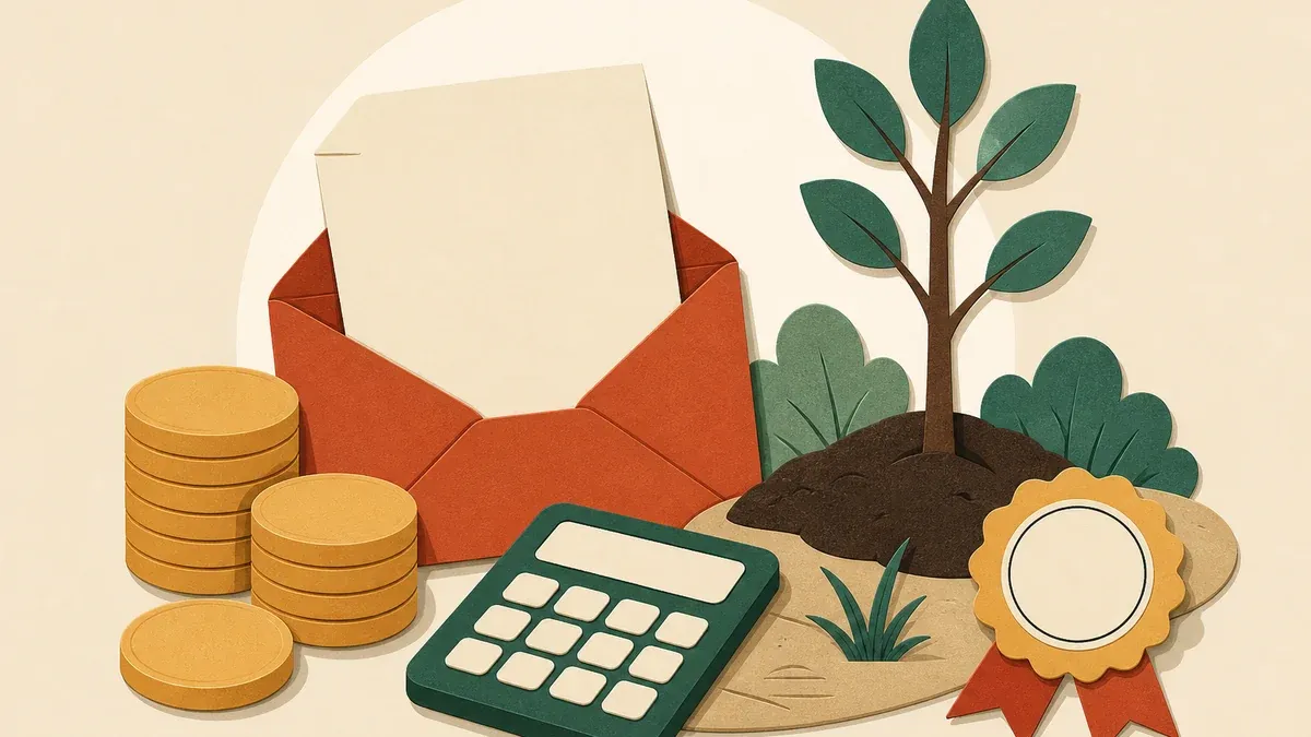 Illustration en papier découpé : piles de pièces, enveloppe avec formulaire, îlot naturel, badge scellé et calculatrice.
