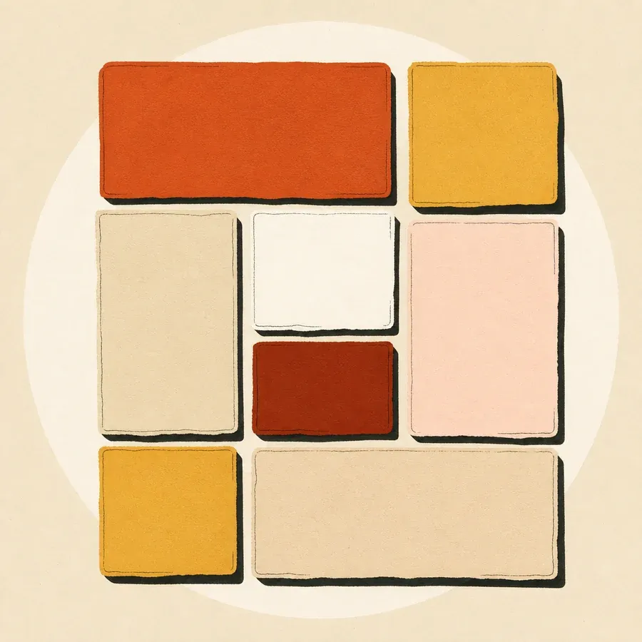Rectangles crème, ocre et terre cuite disposés en grille sur fond sable