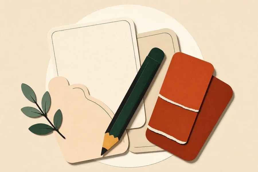 Un crayon sable, des cartes crème et des nuanciers terre cuite.